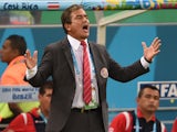 Costa Rica's Colombian coach Jorge Luis Pinto gestures during a Round of 16 football match between Costa Rica and Greece at Pernambuco Arena in Recife during the 2014 FIFA World Cup on June 29, 2014