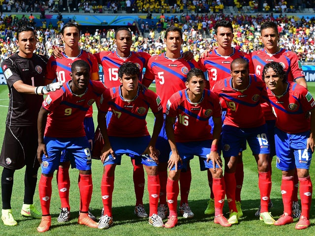 The Costa Rica team pose for a team picture before the start of a Group D match between Costa Rica and England at the Mineirao Stadium in Belo Horizonte during the 2014 FIFA World Cup on June 24, 2014