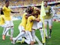 Brazil's defender David Luiz (C) celebrates with teammates after scoring a goal during the round of 16 football match between Brazil and Chile on June 28, 2014