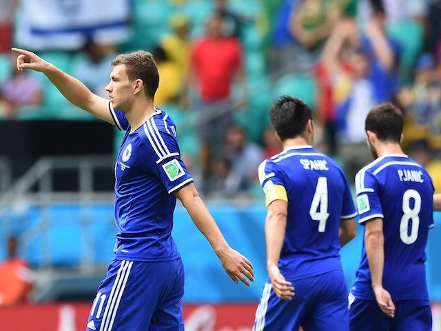 Bosnia striker Edin Dzeko celebrates after scoring the first goal against Iran during their World Cup Group F match on June 25, 2014