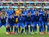 Greece pose for a team photo prior to the 2014 FIFA World Cup Brazil Round of 16 match between Costa Rica and Greece at Arena Pernambuco on June 29, 2014