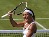 Britain's Heather Watson celebrates after winning her women's singles first round match against Croatia's Ajla Tomljanovic on day two of the 2014 Wimbledon Championships at The All England Tennis Club in Wimbledon, southwest London, on June 24, 2014