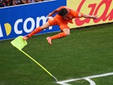 Klaas-Jan Huntelaar of the Netherlands celebrates scoring his team's second goal during the 2014 FIFA World Cup Brazil Round of 16 match between Netherlands and Mexico at Castelao on June 29, 2014