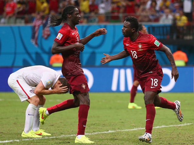 Silvestre Varela of Portugal celebrates scoring his team's second goal during the 2014 FIFA World Cup Brazil Group G match between the United States and Portugal at Arena Amazonia on June 22, 2014
