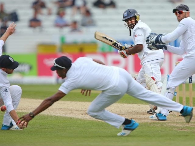 Sri Lanka's Rangana Herath plays a shot on day four of the Second Test at Headingley on June 23, 2014.