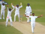 Rangana Herath of Sri Lanka appeals successfully for the wicket of Chris Jordan of England during day five of the 2nd Investec Test match between England and Sri Lanka at Headingley Cricket Ground on June 24, 2014