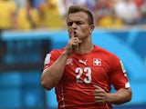Switzerland's midfielder Xherdan Shaqiri celebrates after scoring a goal during the Group E football match between Honduras and Switzerland at the Amazonia Arena in Manaus during the 2014 FIFA World Cup on June 25, 2014