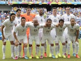 Members of the Uruguay national team pose prior to a Group D football match between Italy and Uruguay at the Dunas Arena in Natal during the 2014 FIFA World Cup on June 24, 2014