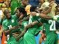 Ivory Coast's forward Wilfried Bony (2nd-L) celebrates with teammates after scoring a goal during the Group C football match against Greece on June 24, 2014