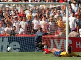 Colombian defender Andres Escobar scores an own goal at the World Cup on June 22, 1994.
