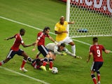 Colombia's defender and captain Mario Alberto Yepes prepares to kick the ball to score a goal that was disallowed during the quarter-final football match between Brazil and Colombia at the Castelao Stadium in Fortaleza during the 2014 FIFA World Cup on Ju