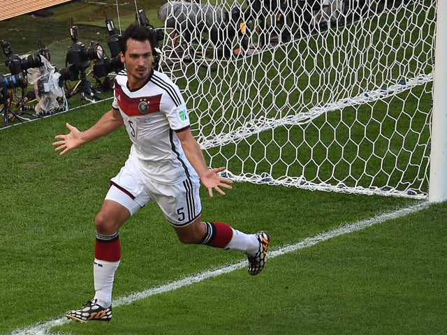 Germany's defender Mats Hummels celebrates his goal during a quarter-final football match between France and Germany at the Maracana Stadium in Rio de Janeiro during the 2014 FIFA World Cup on July 4, 2014