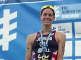 Helen Jenkins of Great Britain celebrates second place in the Elite Women's race in the 2014 ITU World Triathlon in Grant Park on June 28, 2014