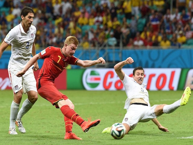 Belgium's midfielder Kevin De Bruyne scores during the first half of extra-time in the Round of 16 football match against USA on July 1, 2014