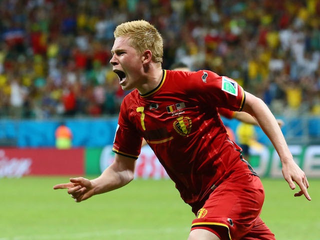 Kevin De Bruyne of Belgium celebrates after scoring his team's first goal in extra time during the 2014 FIFA World Cup against USA on July 1, 2014