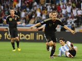 Germany's striker Miroslav Klose celebrates after scoring the team's fourth goal against Argentina during the 2010 World Cup quarterfinal football match on July 3, 2010