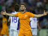 Nacho Fernandez of Real Madrid CF protests to the referee during the La Liga match between Real Valladolid CF and Real Madrid CF at Estadio Jose Zorilla on May 7, 2014