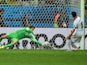 Netherlands' goalkeeper Tim Krul saves Costa Rica's forward and captain Bryan Ruiz shot during the second period of extra time in the quarter-final football match between the Netherlands and Costa Rica at the Fonte Nova Arena in Salvador during the 2014 F