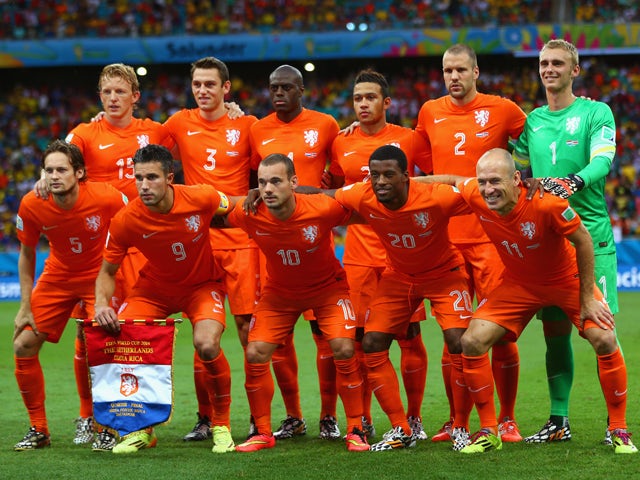 The Netherlands players pose for a team photo prior to the 2014 FIFA World Cup Brazil Quarter Final match between the Netherlands and Costa Rica at Arena Fonte Nova on July 5, 2014