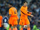 Patrick Kluivert and Ruud van Nistelrooy in action for Holland against Scotland on November 15, 2003.