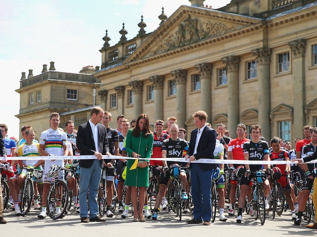 Prince William, Duke of Cambridge, Catherine, Duchess of Cambridge and Prince Harry start the first stage of the 2014 Tour de France, a 190km stage in Leeds on July 5, 2014