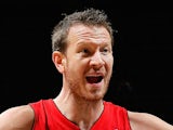 Steve Novak #16 of the Toronto Raptors reacts after being called for a foul against the Atlanta Hawks at Philips Arena on March 18, 2014 