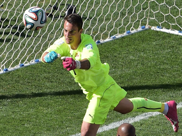 Switzerland's goalkeeper Diego Benaglio defends his goal during the second half of a Round of 16 football match between Argentina and Switzerland at Corinthians Arena in Sao Paulo during the 2014 FIFA World Cup on July 1, 2014