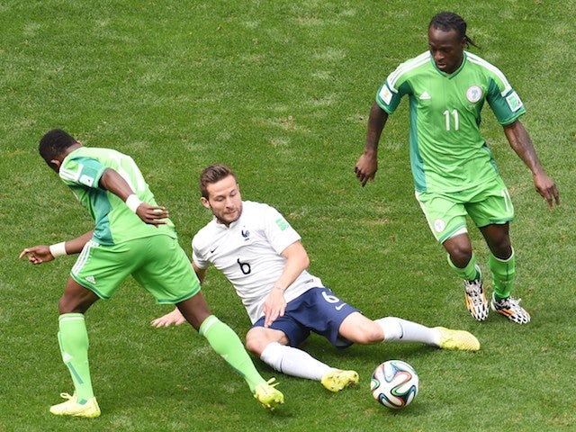 France midfielder Yohan Cabaye makes a tackle during the World Cup last-16 tie against Nigeria in Brasilia on June 30, 2014