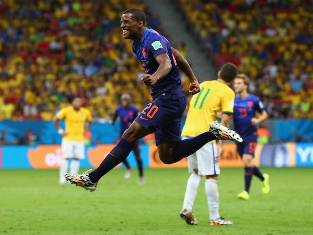 Georginio Wijnaldum of the Netherlands celebrates scoring his team's third goal during the 2014 FIFA World Cup Brazil Third Place Playoff on July 12, 2014