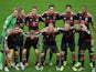 Germany's players lineup before their semi final with Brazil on July 8, 2014