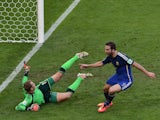 Argentina's forward Gonzalo Higuain (R) shoots and scores past Germany's goalkeeper Manuel Neuer a disallowed goal during the 2014 FIFA World Cup final football match on July 13, 2014