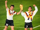 Germany captain Lothar Matthaus lifts the World Cup trophy on July 08, 1990.