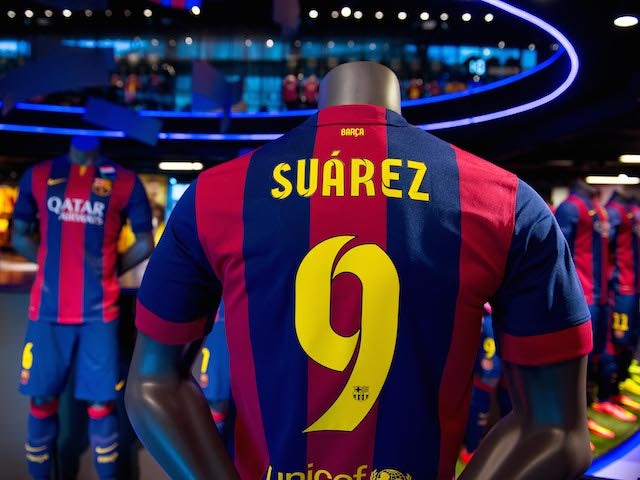 A shirt of new FC Barcelona player Luis Suarez as seen on display at the FC Barcelona official store on July 12, 2014 in Barcelona, Spain