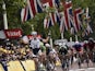 Giant-Shimano rider Marcel Kittel of Germany crosses the line in first place at the end of stage three of the 2014 Tour de France in London on July 7, 2014