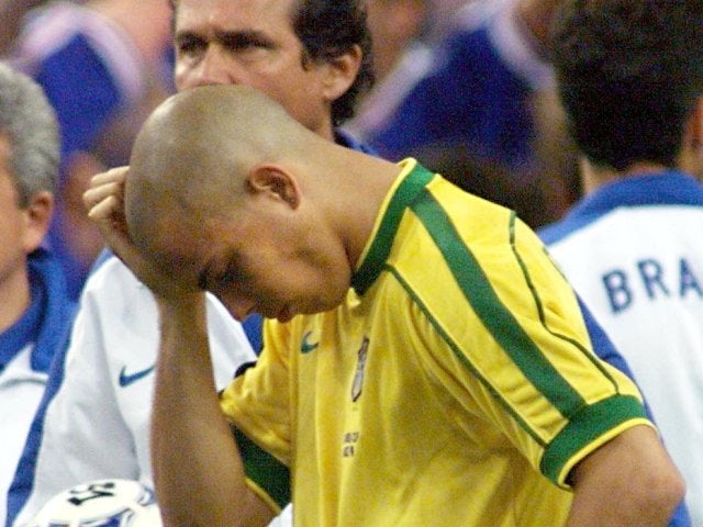 Brazilian striker Ronaldo looks dejected after the World Cup final on July 12, 1998.