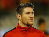 Sebastien Pocognoli of Belgium stands for the national anthem prior to the FIFA 2014 World Cup Qualifying Group A match against Wales on October 15, 2013