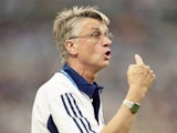 Former France head coach Aime Jacquet shouts out orders from the touchline on July 12, 1998.