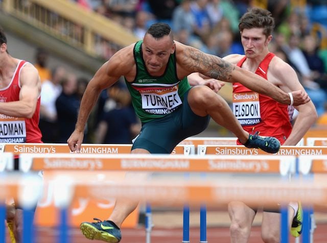 Andy Turner competing in the men's 110m hurdles on June 29, 2014