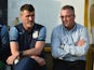 Aston Villa manager Paul Lambert and assistant Roy Keane look on during the pre-season friendly match between Mansfield and Aston Villa at the One Call Stadium on July 17, 2014