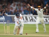 England batsman Ian Bell looks on in disbelief after being bowled by India bowler Ishant Sharma during day four of 2nd Investec Test match between England and India at Lord's Cricket Ground on July 20, 2014