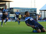 Jordan Bove of Oldham Athletic celebrates scoring against Newcastle United during the pre season friendly at SportsDirect.com Park on July 15, 2014
