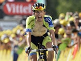 Poland's Rafal Majka celebrates as he crosses the finish line at the end of the 177 km fourteenth stage of the 101st edition of the Tour de France cycling race on July 19, 2014