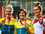 Silver medalist Stephanie Morton of Australia, Gold medalist Anna Meares of Australia and bronze medalist Jess Varnish of England celebrate on the podium during the medal ceremony for the Women's 500m Time Trial at Sir Chris Hoy Velodrome during day one o