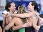Australia's Bronte Campbell, Australia's Melanie Schlanger, Australia's Emma McKeon and Australia's Cate Campbell celebrate taking gold and a world record in the Women's 4x100m Freestyle Relay final at the Tollcross International Swimming Centre during th