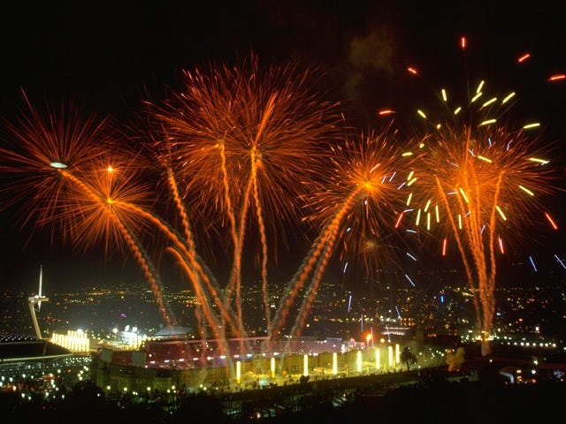 Fireworks explode over the Montjuic Stadium Barcelona at the opening ceremony of the 1992 Olympic Games in Barcelona on July 25, 1992