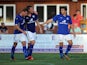 Chris Wood (C) of Leicester City celebrates with team-mate Andy King (L) after he scored the second goal of the game for his side during the pre season friendly on July 22, 2014