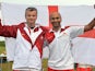 England's gold medalists David Luckman and Parag Patel celebrate winning the Queens Prize Pairs at Barry Buddon Shooting Centre during the 2014 Commonwealth Games in Carnoustie, Scotland on July 26, 2014