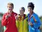 Wales's silver medalist Elena Allen (L), Australia's gold medalist Laura Coles (C) and and Cyprus's bronze medalist Andri Eleftheriou ® on July 25, 2014