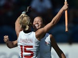 England's Alex Danson and Ellie Watton celebrate after scoring a goal during a women's field hockey match between England and Wales at the Glasgow National Hockey Centre at the 2014 Commonwealth Games in Glasgow, Scotland on July 24, 2014