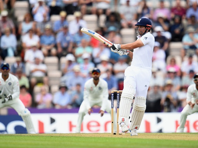 Alastair Cook of England smashes the ball towards the boundary during Day 1 of the 3rd Investec Test match between England and India at the Ageas Bowl on July 27, 2014